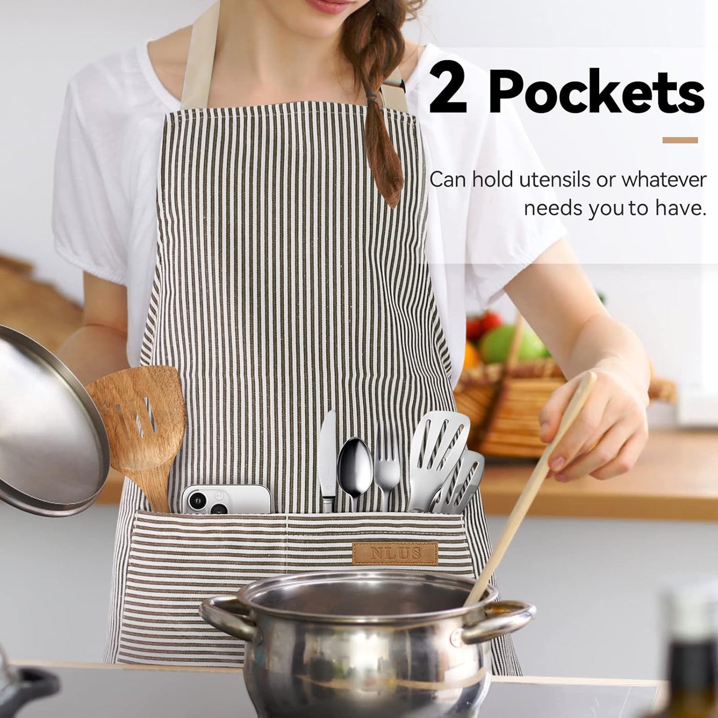 Paquete de 2 Delantales de Cocina con Bolsillos Ajustables (Rayas Negras/Marrones)