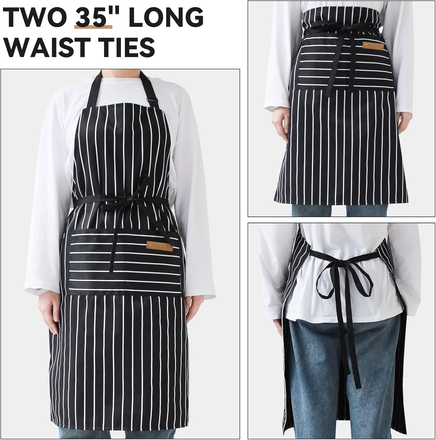 Paquete de 2 Delantales de Cocina con Bolsillos Ajustables (Rayas Negras/Marrones)