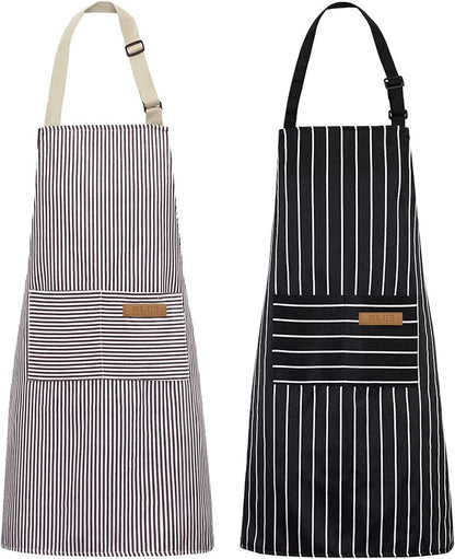 Paquete de 2 Delantales de Cocina con Bolsillos Ajustables (Rayas Negras/Marrones)