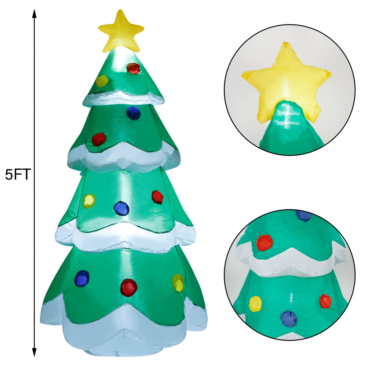 Medidas del árbol de Navidad inflable: 1,52 m de altura, detalle de la estrella y las esferas