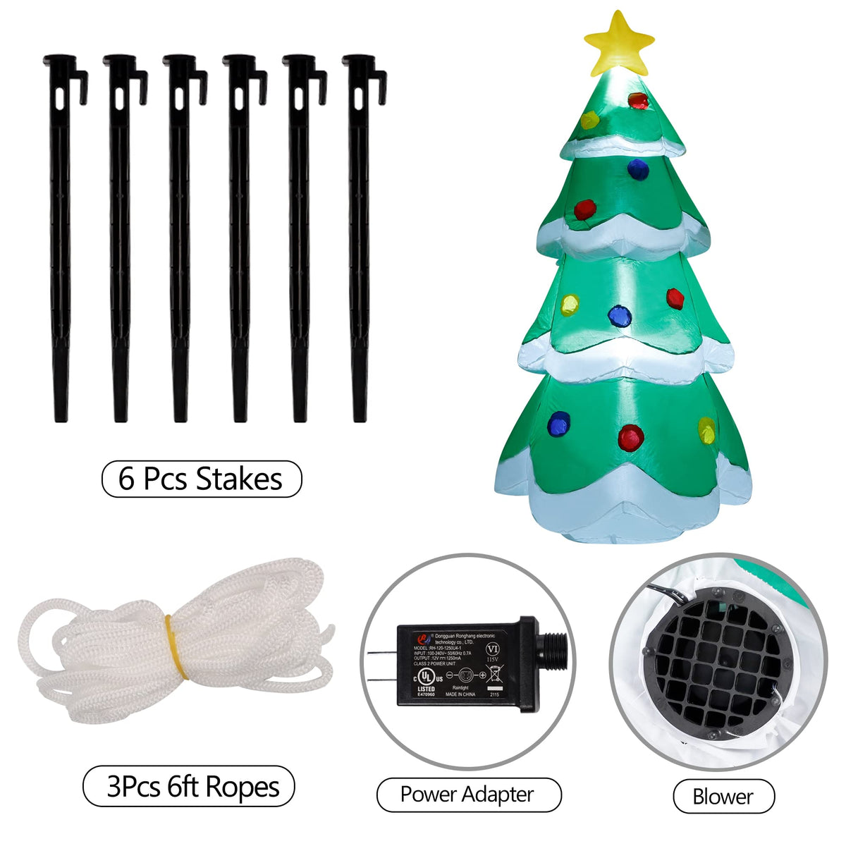 Contenido del empaque: 6 estacas, 3 cuerdas de 1,83 m, adaptador de corriente y motor