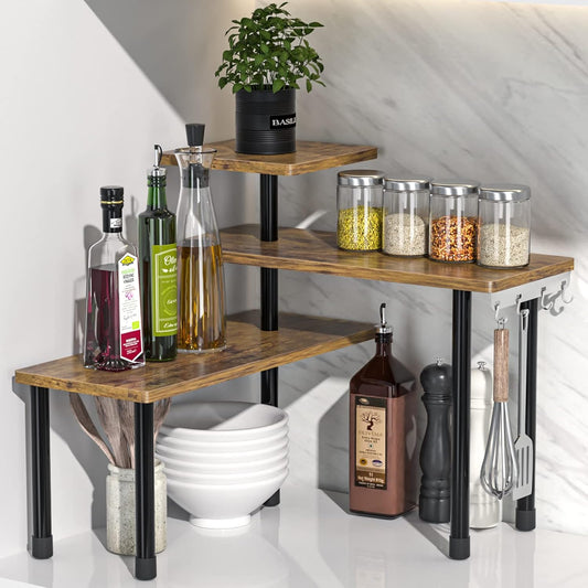 Organizador de Encimera de 3 Niveles - Estante Esquinero Móvil para Cocina y Baño (Color Madera Rústica)
